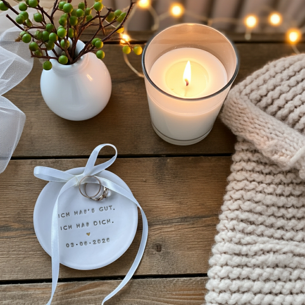 Handgemachte Boho-Ringschale aus echtem Ton mit zarter Prägung, perfekt für Standesamt oder freie Trauung – eine stilvolle, nachhaltige Alternative zu Ringkissen oder Ringbox im natürlichen Boho-Stil, liebevoll personalisiert und individuell gefertigt.