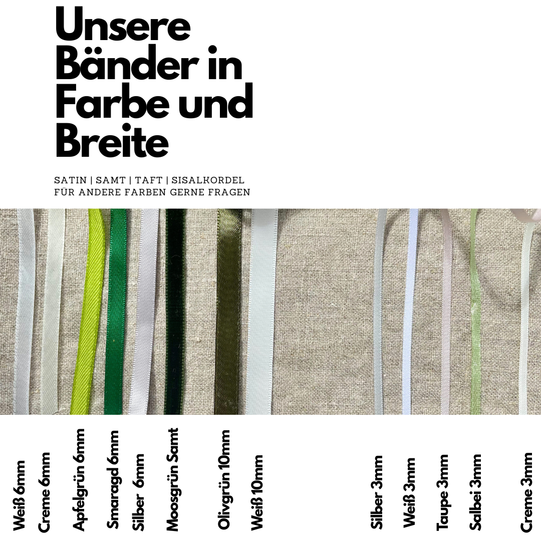 Verscheidene Bänder für eure Ringschale zum Personalisieren je nach Thema aus Satin, Samt, Seide, Leinen, Spitze, Organza und Baumwolle
