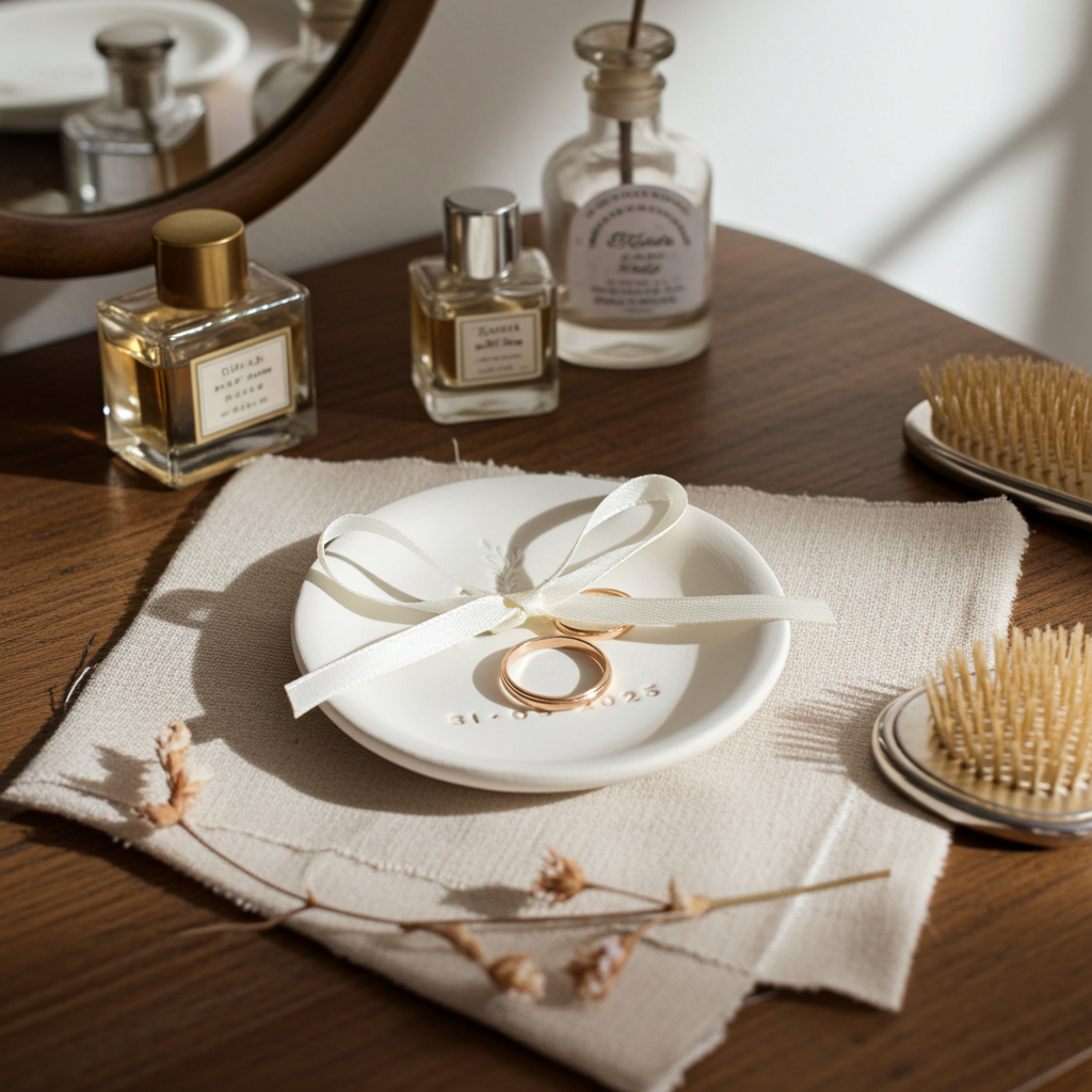 Handgefertigte personalisierbare Ringschale aus Keramik für Hochzeit, freie Trauung oder Standesamt, mit Initialen, Datum oder kleinem Herz. Organisch geformte Schale als moderne Alternative zur Ringbox oder zum klassischen Ringkissen. Ideal zur Präsentation von Eheringen oder Engagement Rings und als zeitloses Geschenk für das Brautpaar. Perfekt für Boho-Hochzeiten, Gartenhochzeiten und natürliche Wedding-Styles.