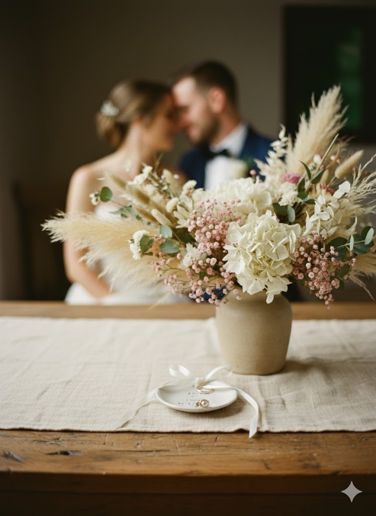 Moderne Ringschale aus Keramik, handgemacht im Vintage-Boho-Stil, eine einzigartige Ringkissen-Alternative aus meinem Etsy Shop. Personalisierbar und besonders geeignet für den Ringtausch im Standesamt, als Accessoire für die freie Trauung oder als hochwertiges Geschenk zum JGA und zur Bridal Shower.