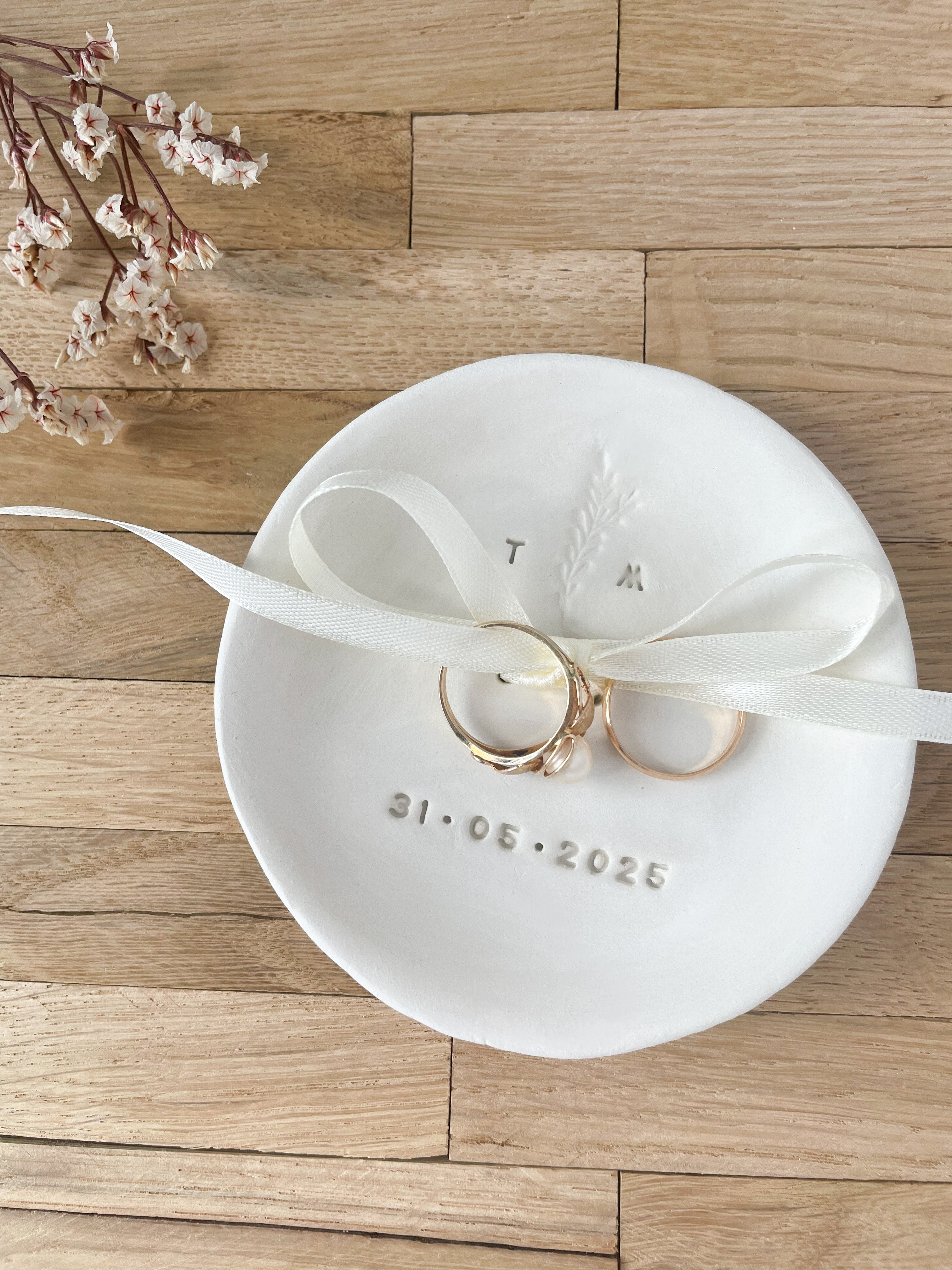 Boho Wedding Ring Dish handmade, rustic natural clay with floral imprint
