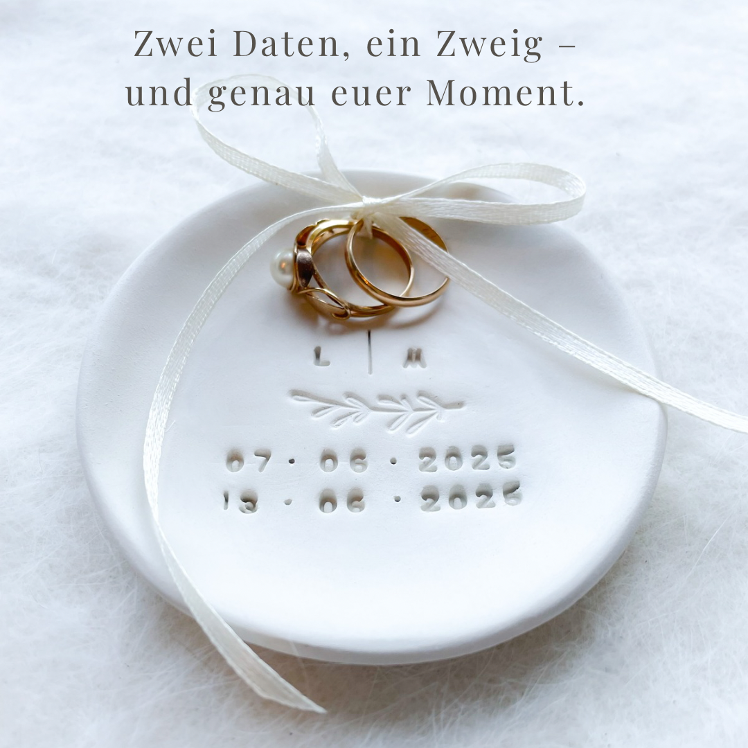 Organic boho ceramic ring dish, featuring two custom dates, ideal for rustic weddings