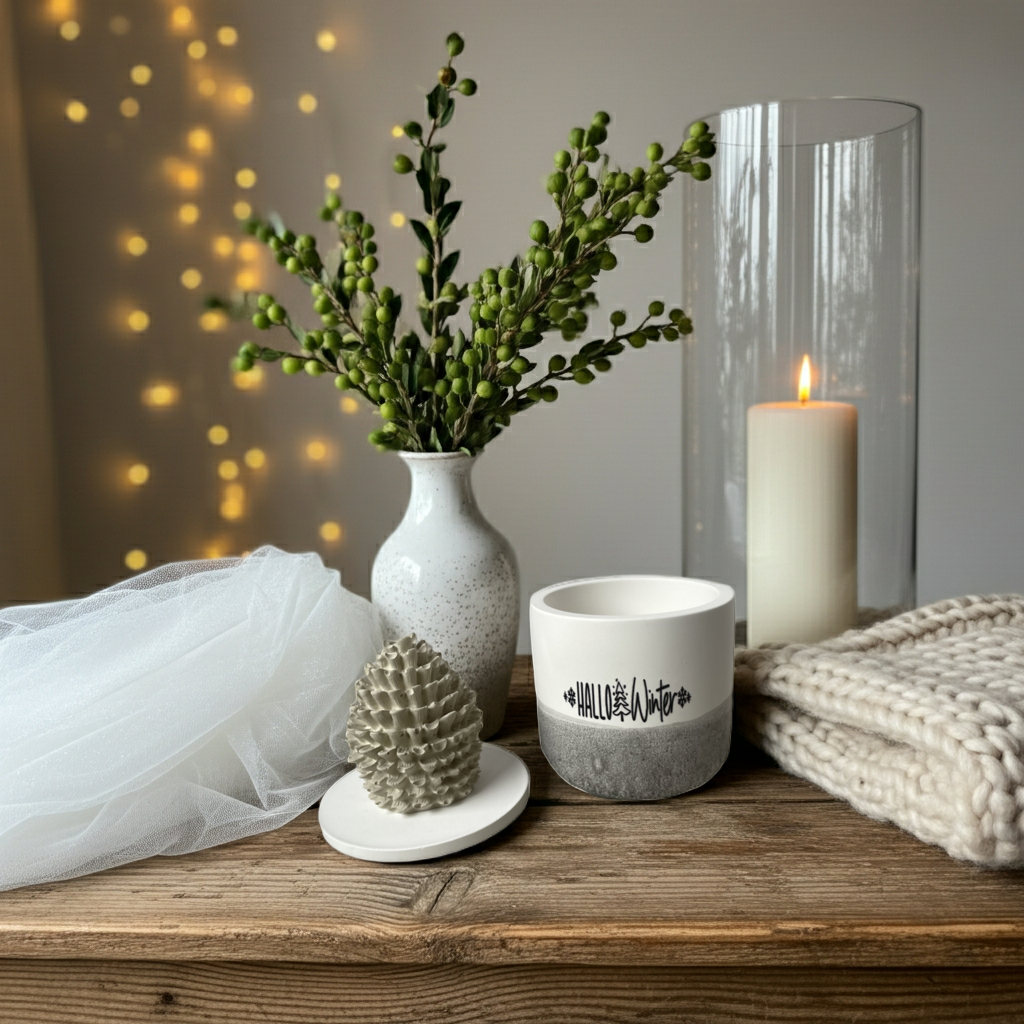 Handgefertigte Keramikdose mit weißem Körper und anthrazitfarbenem Dip-Dye. Der Deckel trägt einen strukturierten Keramikzapfen in Pantone Beige. Moderner, minimalistischer Look, perfekt als Schmuckdose oder Winterdeko. Fotografiert in einem hellen Winter-Interior mit Kerzenlicht und Naturmaterialien. Seidenmattes Finish, Einzelstück, sofort versandbereit.