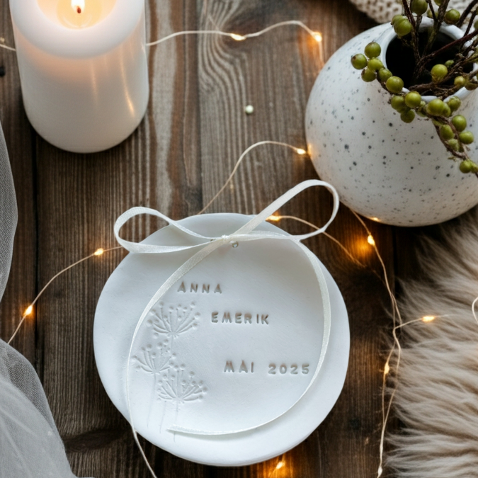 Handgeformte Keramik-Ringschale für Hochzeit und Engagement. Ideal für Eheringe, Verlobungsringe und symbolische Momente bei Standesamt, freier Trauung oder Boho-Fest. Personalisierbar und als hochwertige Ringkissen-Alternative nutzbar. Ein stilvolles Geschenk für das Brautpaar, das auch nach der Hochzeit als Schmuckschale genutzt werden kann.