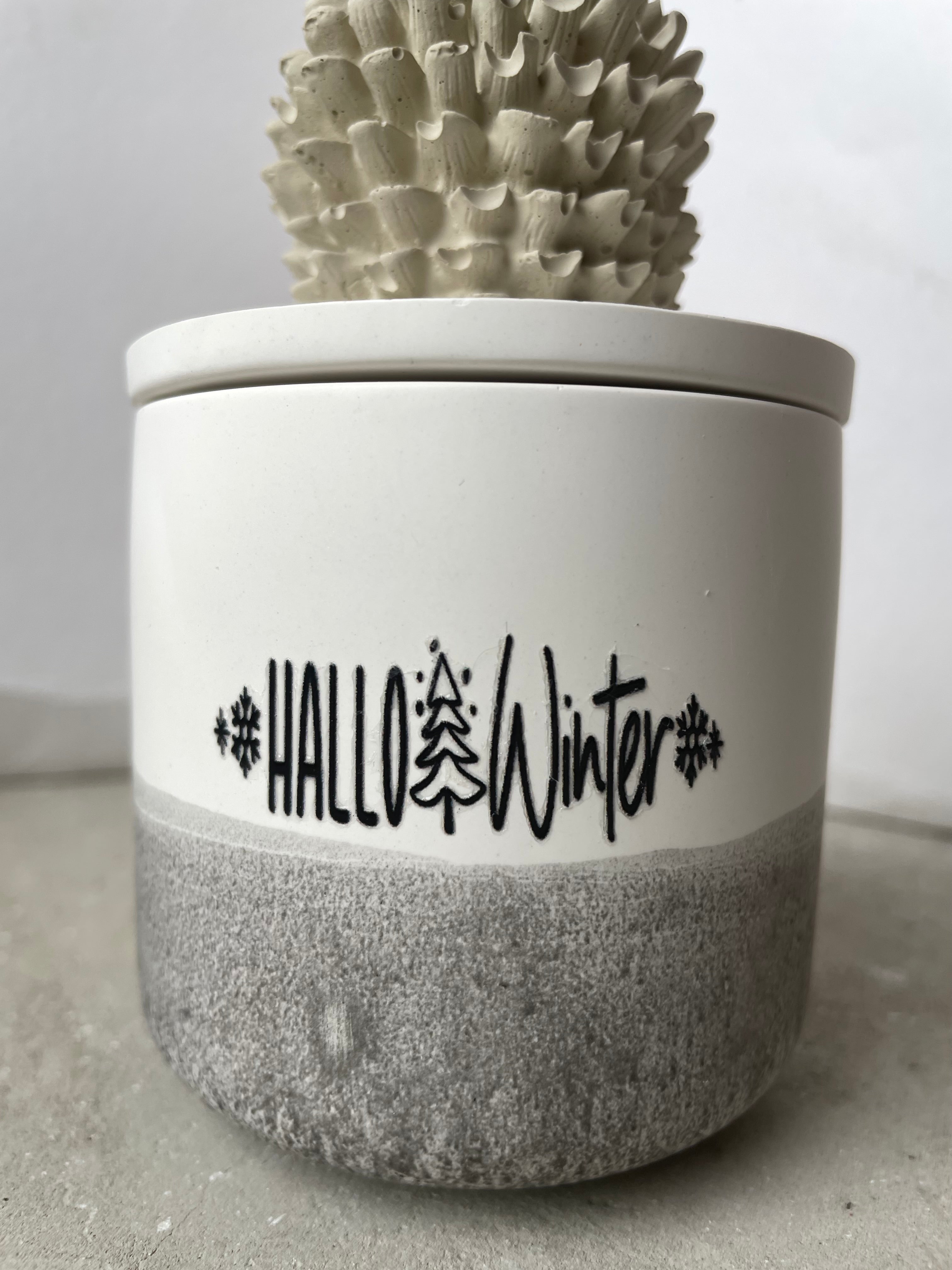 Zweifarbige Keramikdose mit modernem Dip-Dye und einem strukturierten Keramikzapfen auf dem Deckel. Schriftzug „Hallo Winter“ auf der Vorderseite. Perfekt als kleines Geschenk, Aufbewahrung für Ringe oder dekoratives Winterobjekt. Neutraler, scandi-inspirierter Look. Handmade, sofort versandbereit, jedes Stück ein Unikat.