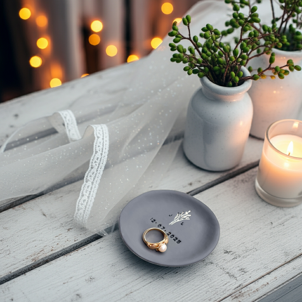 LIMIT.ED🖤small batch: Handgetöpferte, personalisierbare Ringschale in anthrazit | Hochzeit | Initialen, Datum & Kornähre in Champagnergold & farblos| Ringkissen Alternative | Herbsthochzeit