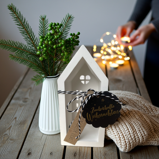 Handgegossenes Keramikhaus als Lichthaus für Teelichter, im modernen, klaren Design. Winterliche Szene mit weißen, beigen und Holzfarben, auf einem natürlichen Tisch, daneben rote Beerenzweige in einer weißen Vase. Im Hintergrund warme Lichtpunkte und weiche Schatten. Skandinavisch inspiriert, handmade und nachhaltig gefertigt. Perfekt als stilvolle Weihnachtsdeko, Geschenkidee oder minimalistisches Wohnaccessoire für die Winterzeit.