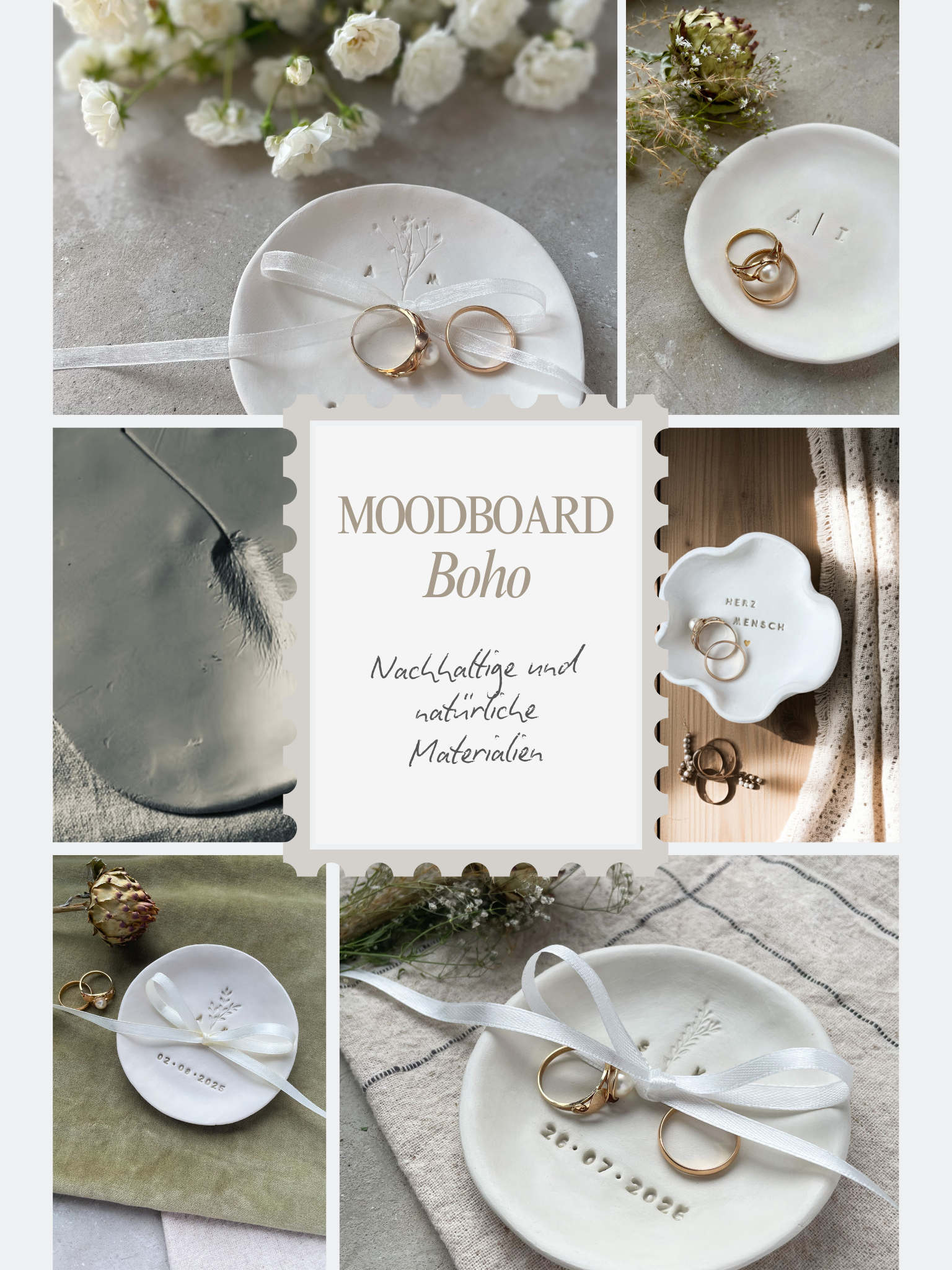 Handgemachte Ringschale aus Ton – nachhaltig, minimalistisch, persönlich. Für Hochzeit, Standesamt oder freie Trauung.
Besonderes Must-have für Brautpaare, die Individualität lieben: von der Boho- bis zur Loft-Hochzeit, vom JGA bis zum Jubiläum.
Euer Ringkissen-Upgrade und Erinnerungsstück fürs Leben.