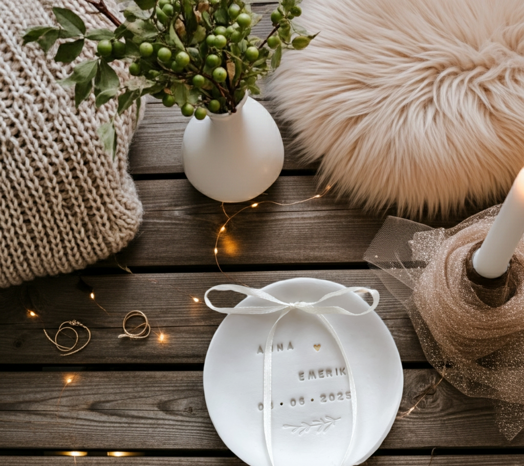 Personalisierte Schale aus Ton, mit individueller Gravur – ideal als Wedding Detail für Pinterest Bräute oder nachhaltiges Geschenk zur Verlobung, Hochzeit oder Babyshower. Farbe: soft ivory / Pantone Natural White.