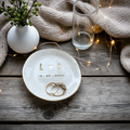 Wedding ring dish handmade in Germany – soft matte glaze, custom initials or dates, natural materials, perfect for bride to be, bridesmaids or sentimental gifting. Color: light clay / Pantone Almond Milk.