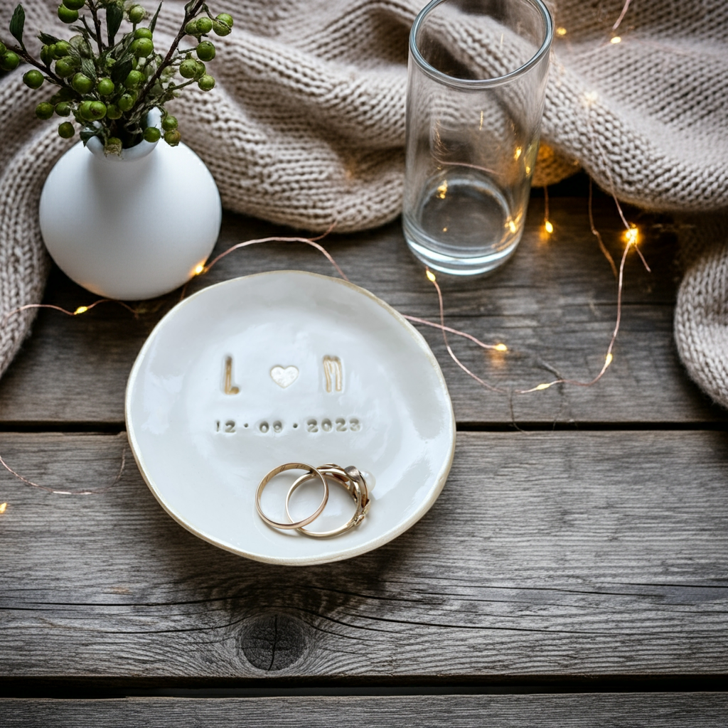 Wedding ring dish handmade in Germany – soft matte glaze, custom initials or dates, natural materials, perfect for bride to be, bridesmaids or sentimental gifting. Color: light clay / Pantone Almond Milk.