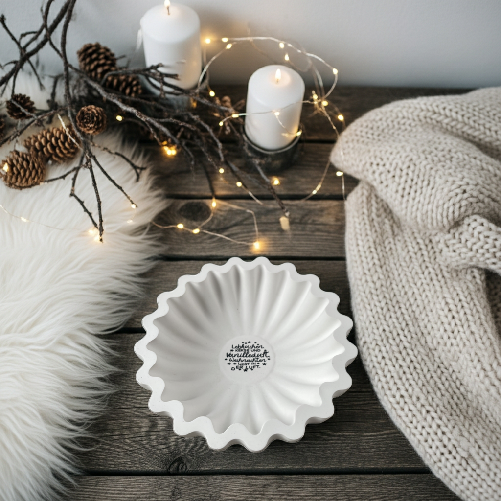 Große runde Rillenschale aus weißer Gießkeramik, etwa 20 cm Durchmesser. Die Schale hat eine charakteristische, wellenartige Rillenstruktur und in der Mitte ein winterliches Lettering in Schwarz. Fotografiert auf rustikalem Holztisch mit Kerzen, Tannenzweigen und warmen Lichtern im Hintergrund. Modernes, scandi-inspiriertes Design, ideal als winterliches Centerpiece, Kerzenschale oder Dekoteller. Handmade mit kleinen Materialnuancen.