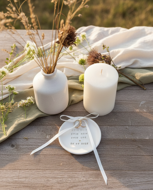 Ein ästhetisches Hochzeits Moodboard im Stil Chateaucore mit Farbpalette Cloud Dancer und Warm Taupe zeigt elegante Details für die Hochzeit 2026. Handgemachte Ringschale aus Keramik im Boho-Vintage-Stil, eine besondere Ringkissen-Alternative für die Hochzeit. Personalisierbar mit Initialen und Datum, für freie Trauung und Standesamt oder als Geschenk für das Brautpaar.