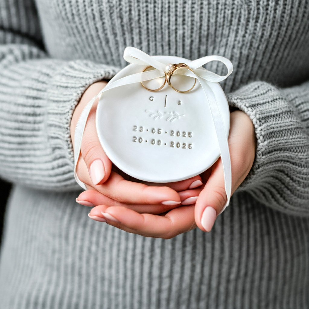 Ringschale Hochzeit mit Initialen & zwei Daten und süßer Zweigprägung
