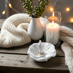 Moderner Ringhalter in Form einer Hibiskusblüte. Gegossene Keramik mit glatter Oberfläche und zartem floralen Look. Das Staubgefäß in der Mitte dient als praktischer Halter für Ringe und Schmuck. Perfekt geeignet für Hochzeiten, Verlobungen oder als kleine Ablage im Schlafzimmer oder Bad. Neutraler Farbton, organisches Design und liebevolle Handarbeit machen jedes Stück zu einem besonderen Accessoire für Schmuck und Interior.