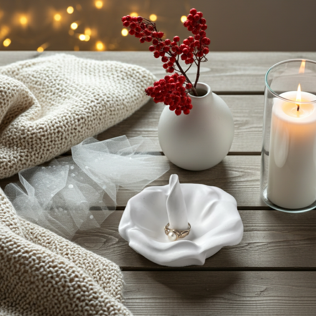 Hibiskus-förmiger Ringhalter aus gegossener Keramik in neutralem Beige. Die Blüte ist organisch geformt und besitzt ein leicht erhöhtes Staubgefäß, das als natürlicher Ringhalter dient. Sanft mattes Finish, modern und minimalistisch. Perfekt für Verlobungsringe, Eheringe oder kleine Schmuckstücke. Ideal als Hochzeitsdetail, Geschenk für die Braut oder dekoratives Objekt auf Kommode, Nachttisch oder Schminktisch. Handmade und einzigartig.