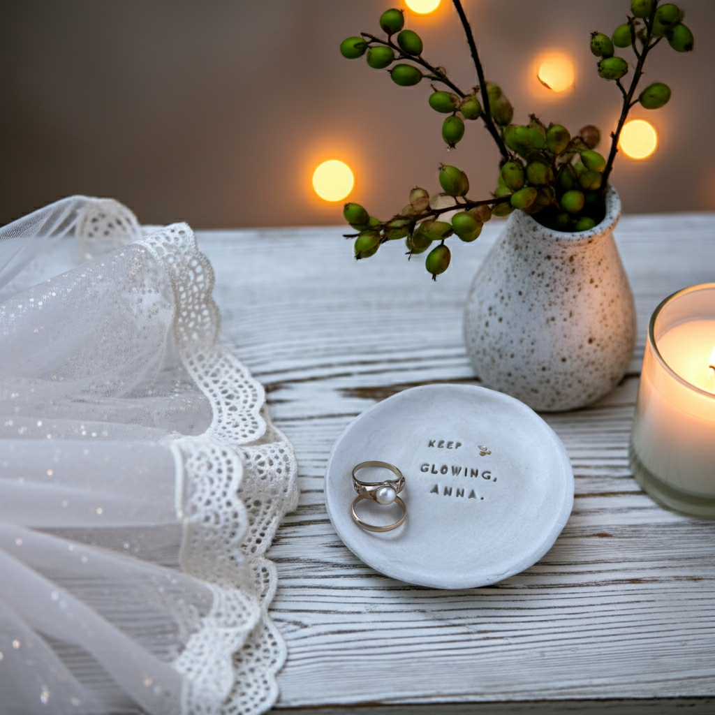 Exklusives Ringschälchen mit goldenen Partikeln im Ton, Herzsymbol und individuellem Wunschtext – handgemacht in Deutschland, ideal für nachhaltige Hochzeiten, Etsy-Fans und alle, die echte Unikate lieben