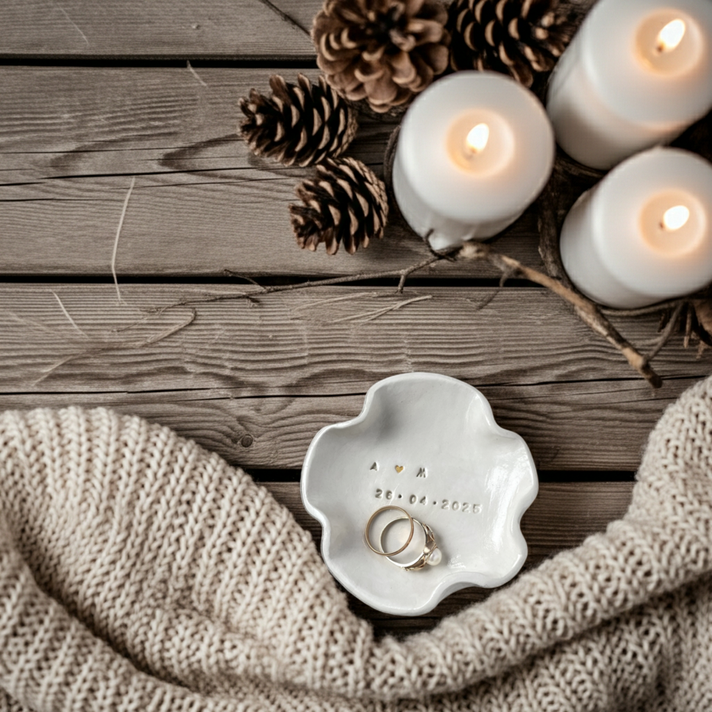 Hochglänzende Ringschale aus echter Keramik, von Hand gefertigt. Schlichte Ringbox-Alternative für moderne Hochzeiten und Designliebhaber. Ideal für Eheringe, Engagement Rings und als langlebiges Erinnerungsstück nach der Trauung. Kommt direkt aus dem Saarland zu euch.