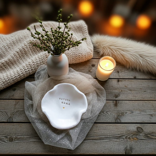 Handgemachte Keramikschale für Katzenmamas. Organisch geformt, modern und als liebevolles Geschenk für Katzenliebhaber gedacht. Perfekt für Schmuck, Kleinigkeiten oder als kleine Deko im Alltag. Hochwertig gefertigt aus echtem Ton und ein besonderes Stück für alle, die Katzen lieben.