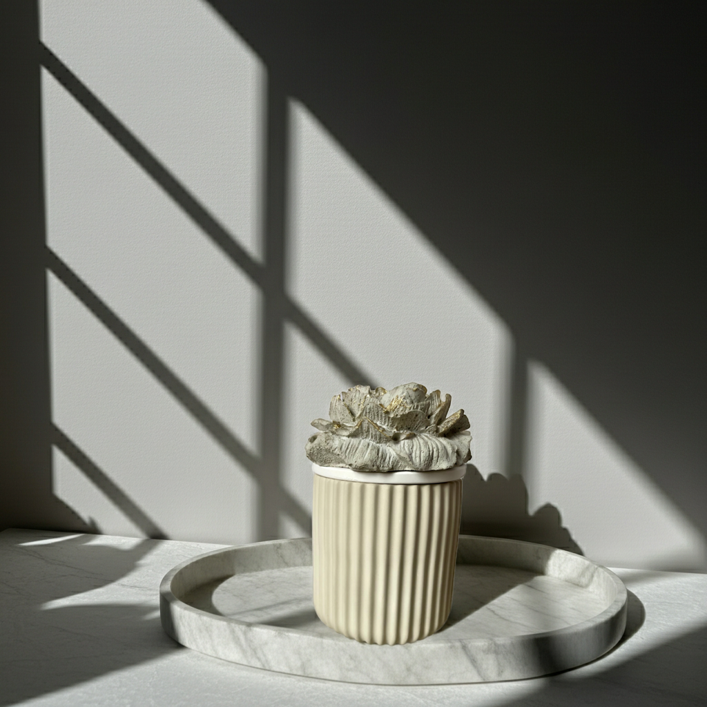 Moderne Schmuckdose aus Keramik in Beige mit aufliegender Pfingstrosenblüte aus Beton, veredelt mit Gold. Ein stilvolles Objekt im Mix aus Naturmaterial-Optik und modernem Design, passend zu Scandi-, Boho- und Contemporary Interiors. Ideal als Ablage für Schmuck oder als reines Deko-Piece. Handmade gefertigt, fein geschliffen und langlebig. Perfekt für Social-Media-taugliche Interior-Looks und Geschenkideen.