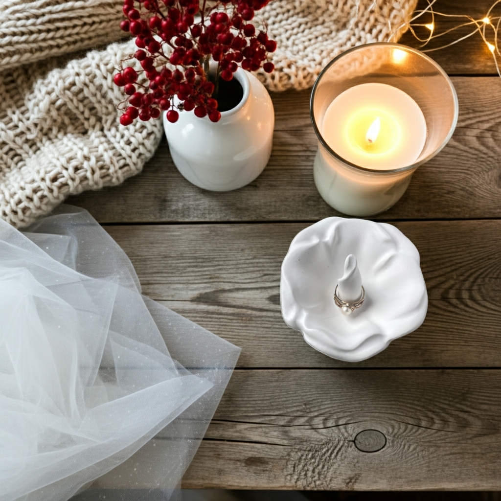 Hibiskus Ringhalter aus gegossener Keramik, minimalistisch und naturinspiriert gestaltet. Die weiche Form der Blütenblätter und das strukturierte Zentrum bieten eine sichere und ästhetische Ablage für Ringe und kleine Schmuckstücke. Perfekt als Hochzeitsaccessoire, für Verlobungsfotos oder als dekorative Ergänzung zu modernen Interior-Konzepten. Der neutrale Farbton passt zu jedem Wohnstil und jedes Stück ist ein Unikat.