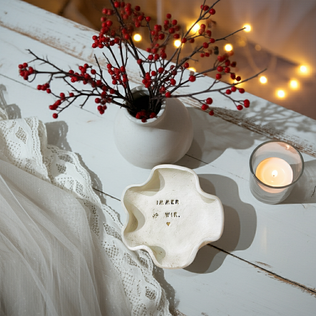 Goldschimmernde Keramikschale mit Herz und Datum – liebevoll getöpfert und personalisierbar für Brautpaare, Freundinnen oder als exklusives Erinnerungsstück zur Verlobung, Winterhochzeit oder Boho-Zeremonie.