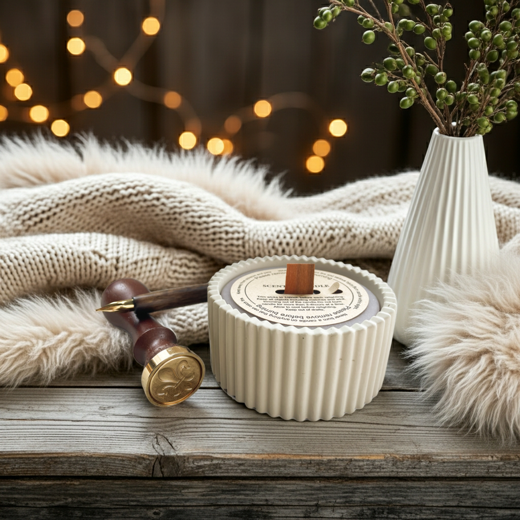 Kaminflüstern | Duftkerze in handgemachter Keramikschale | Patchouli & Knisterdocht aus Holz | zauberhaftes Geschenk für Lieblingsmenschen