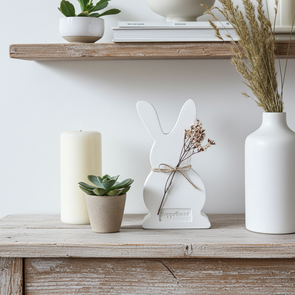 Keramik Häschen mit Trockenblumen, Perlhuhnfeder &  süßer Prägung  "Frühlingszauber"