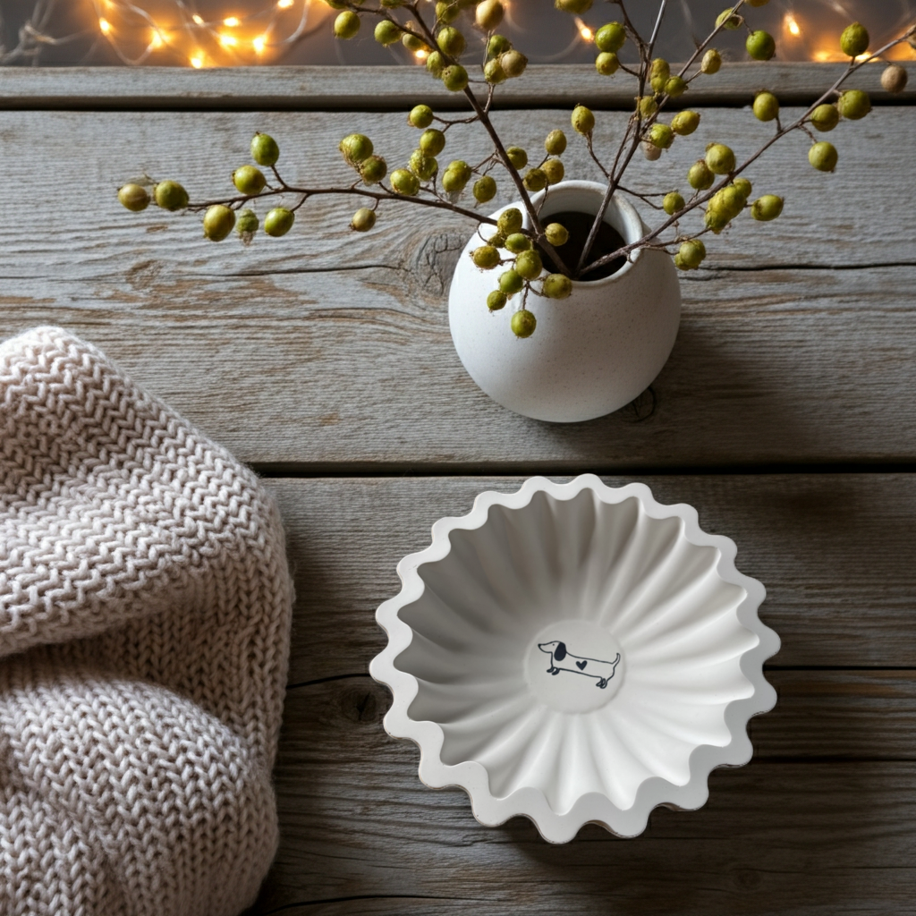 Große Keramikschale mit Dackel | Weiß matt | Handgegossen | Geschenk für Hundeliebhaber Dachshund | Für Obst, Leckerli, Schlüssel & Schmuck