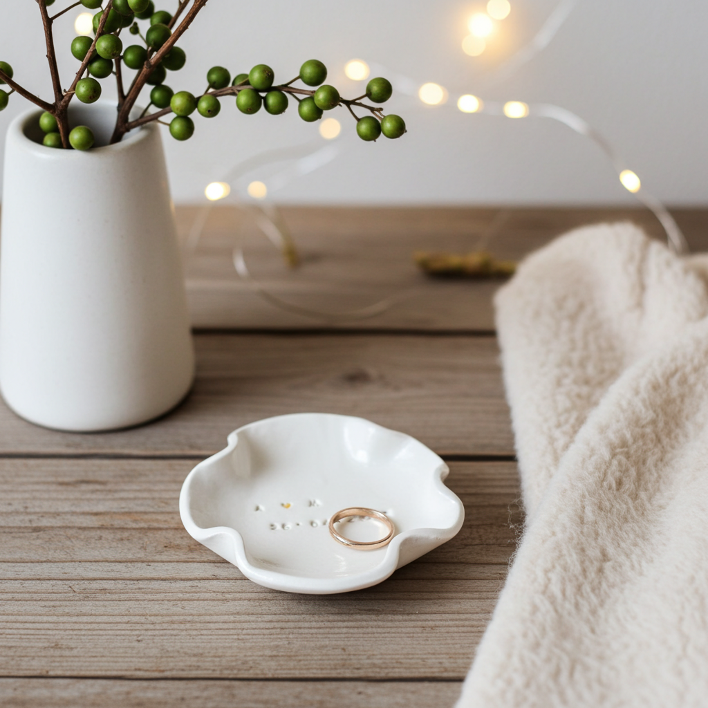 Minimalistische Ringschale Hochzeit aus echtem Ton, glänzende Oberfläche und organische Form. Handgemachte Ringkissen-Alternative für moderne Paare, geeignet für Eheringe und als Erinnerungsstück danach. Kommt direkt aus dem Saarland zu euch.