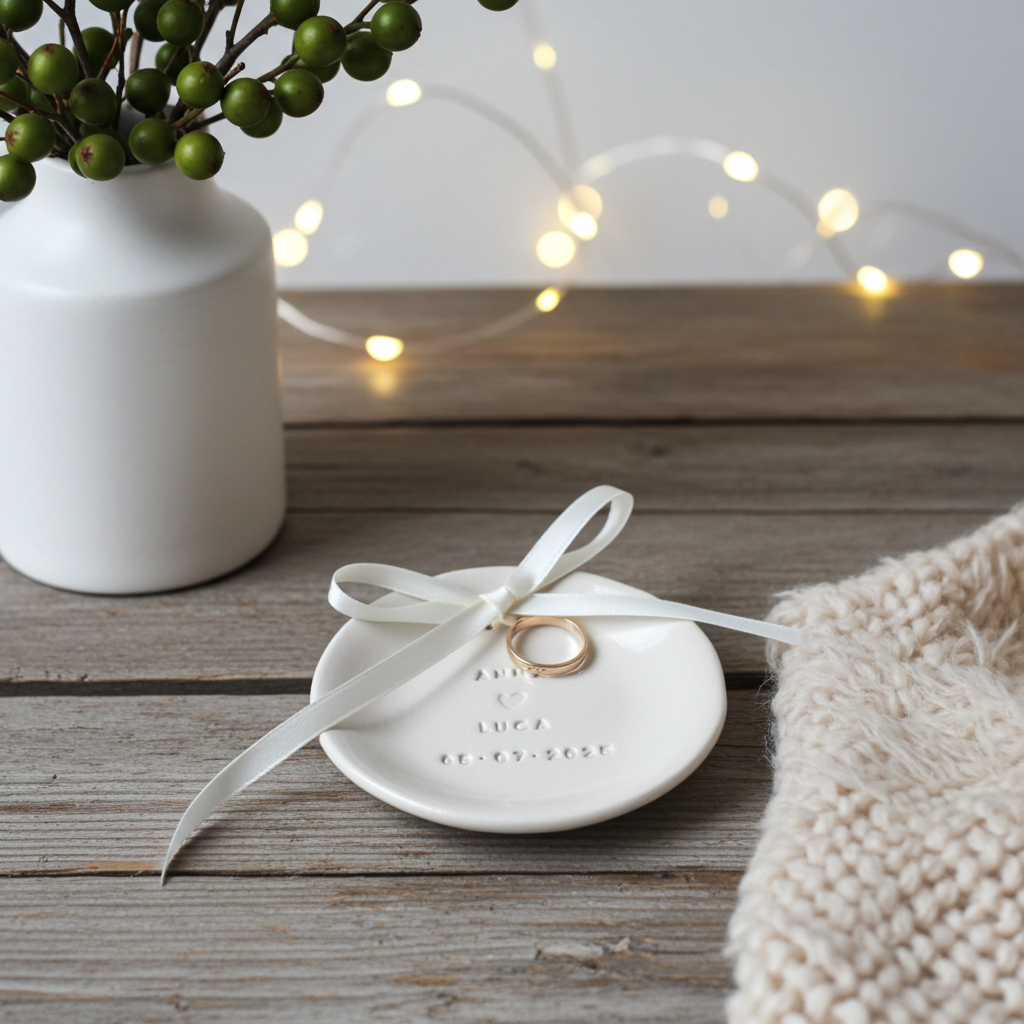 Glänzend glasierte Ringschale aus Ton mit weicher, organischer Silhouette, personalisiert mit zwei Namen und Datum, zeitlose Hochzeitskeramik für moderne Paare.