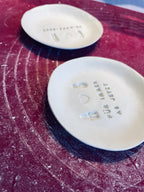 Elegant handmade ceramic ring dish, customized with initials, date and heart motif, stylish alternative to ring pillow or ring box for the wedding ceremony