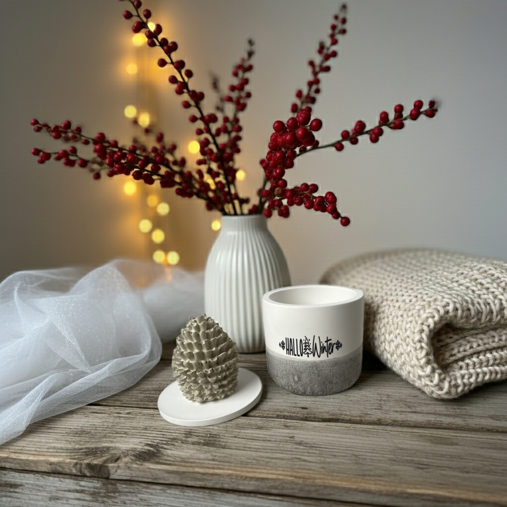 Keramikdose in modernem Winterdesign, gegossen in Weiß und Dip-Dye Anthrazit. Deckel mit beigem Keramikzapfen, feine Struktur, matt. Ideal für Schmuck, kleine Essentials oder als dezentes Dekoobjekt auf Sideboard, Tisch oder Fensterbank. Handmade, einzigartig, neutral und stilvoll. Perfekt für scandi-inspirierte Wintermomente und moderne Innenräume.