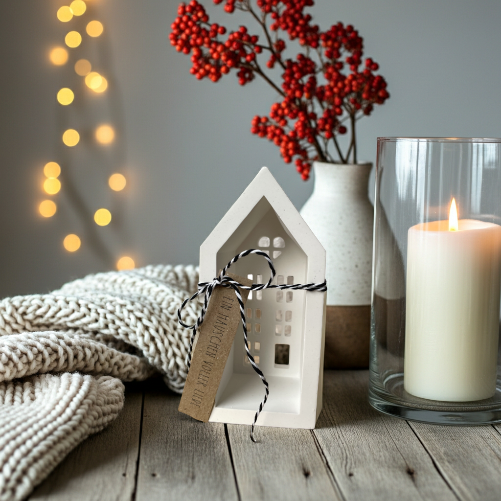 Lichthaus aus weißer Keramik mit klarer, moderner Form. Fotografiert in ruhiger, winterlicher Atmosphäre mit roten Beeren, Kiefergrün und warmen Lichtreflexen. Handgefertigt, gegossen und geschliffen, mattes Finish, natürliche Haptik. Skandi-Stil trifft auf Boho-Charme. Ideal für festliche Deko, Weihnachtsgeschenke, Kerzenschein-Momente und Interior-Fans, die schlichte Eleganz lieben. Handmade Design aus Deutschland, nachhaltig und mit Liebe gefertigt.