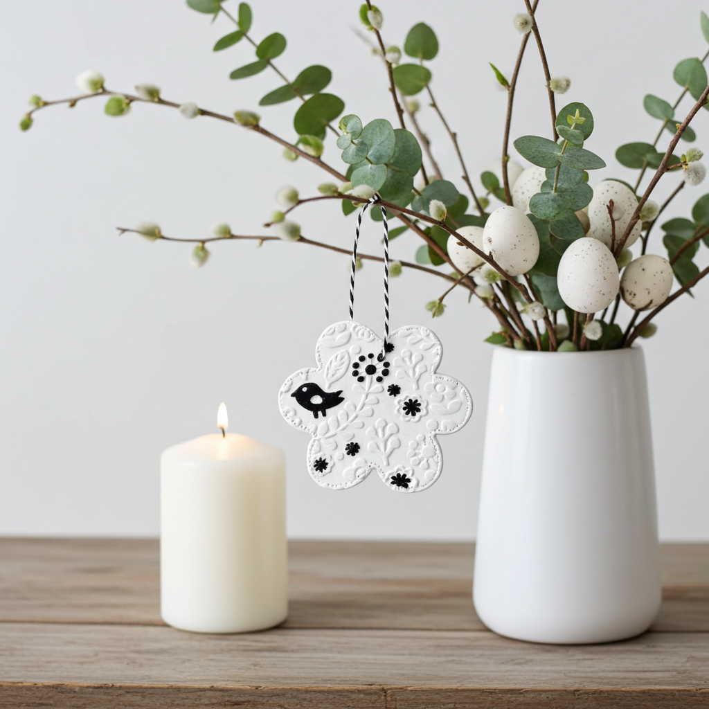 Moderner Osteranhänger als Blüte mit plastischem Blumen Dekor und kontrastreichem schwarzem Vögelchen am Rand
