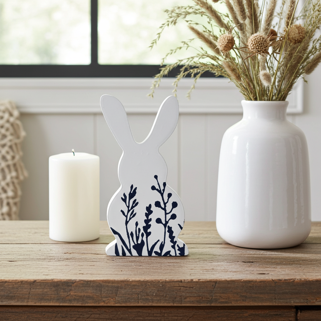 Einzigartiger Deko Hase aus massiver Gussmasse handgearbeitet mit einem modernen flachen Boden für sicheren Stand und rundum verlaufendem floralem Relief.