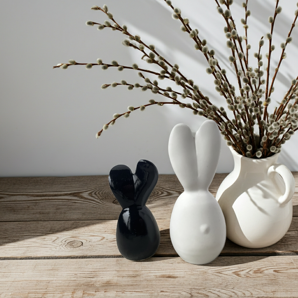 Dekoration für Frühling. Stilvolle Osterdekoration mit einem kleinen glänzenden Hasen in Schwarz und einer großen matten Hasenfigur in Weiß