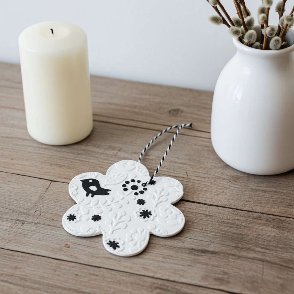 Dekorativer Blumenanhänger in Schwarz Weiß Optik mit filigranem Blütenrelief und Vogel für den Osterstrauch oder zur Dekoration und Geschenk im frühling