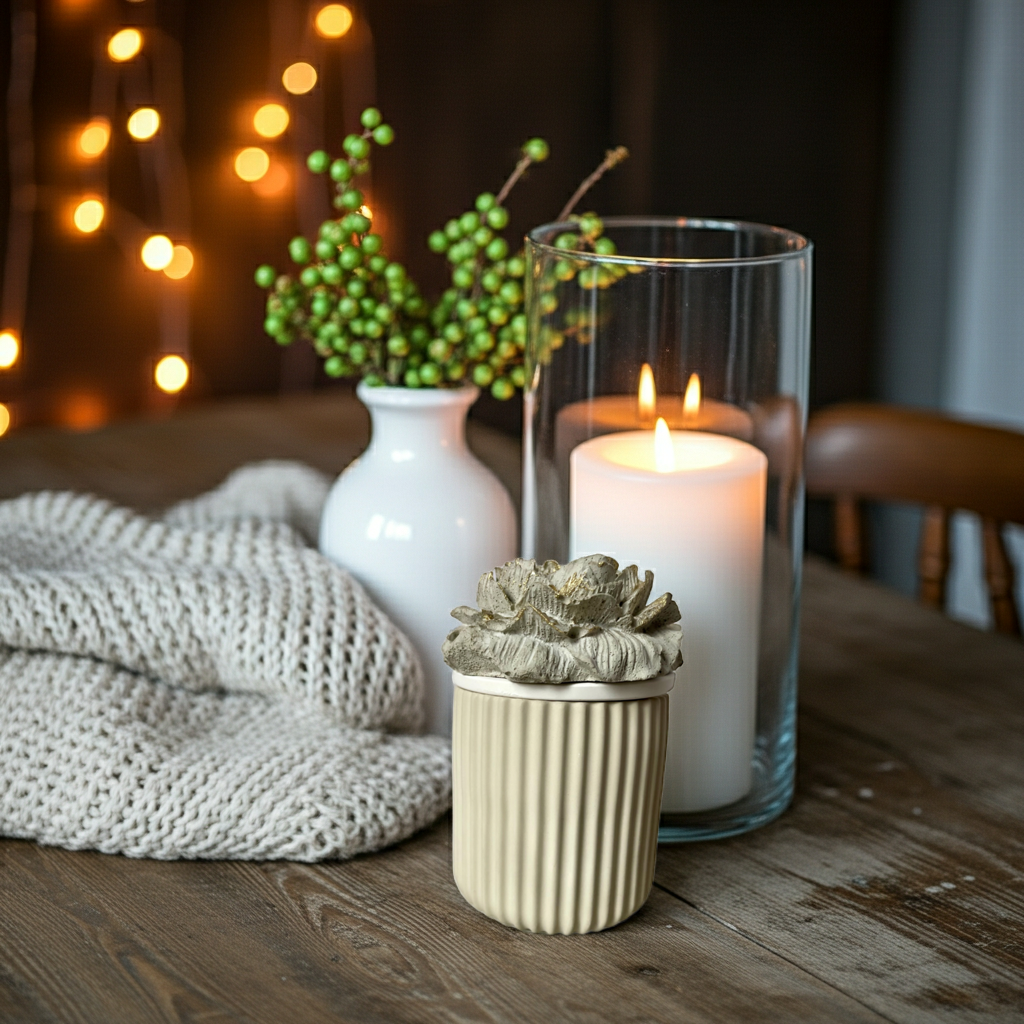 Runde Keramikdose in warmem Beige mit aufliegender Pfingstrosenblüte aus gegossenem Beton, veredelt mit goldenen Akzenten. Ein dekoratives, modernes Stück für Schmuck, Ringe oder kleine Erinnerungen. Die Kombination aus matter Keramik und strukturreichem Beton wirkt hochwertig und zeitlos. Handmade in kleiner Serie, stabil und langlebig. Perfekt als Geschenk für Blumenliebhaberinnen, Interior-Fans und für besondere Anlässe.