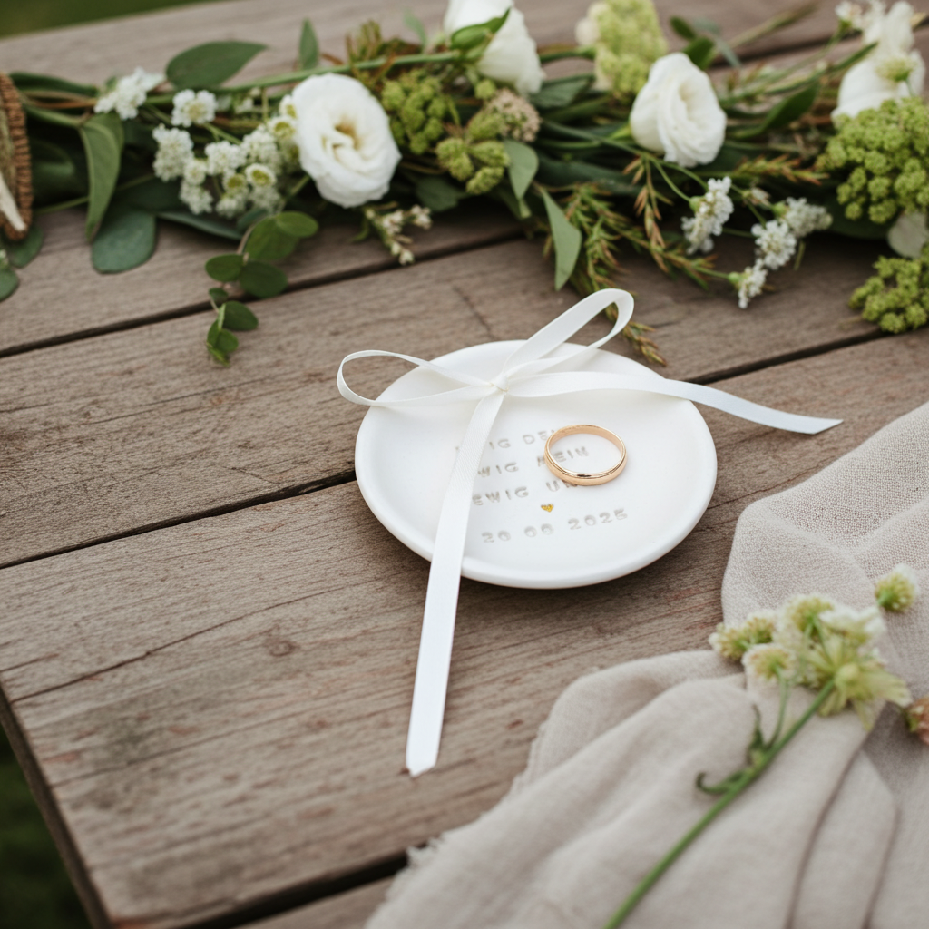 Handgefertigte Ringschale für die Hochzeit, modern und im rustikalen Boho-Vintage-Stil in meinem Etsy Shop zu finden. Eine besondere, personalisierbare Alternative zum Ringkissen oder zur Ringbox, ideal für den Heiratsantrag, die Verlobung und die feierliche freie Trauung.